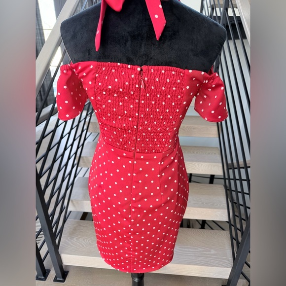 New Red Polka Dot Off-Shoulder Dress size S - Picture 7 of 8